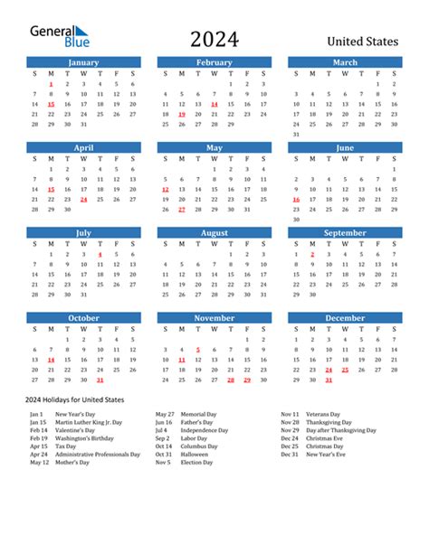 日历|Calendar for Year 2024 (United States)